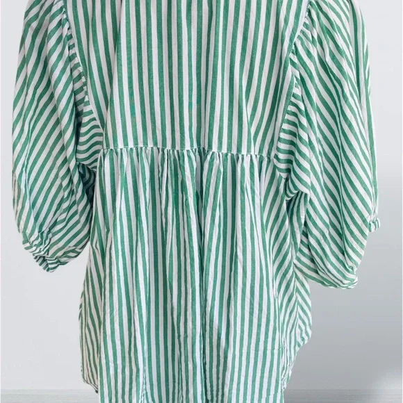 Philosophy Size XL Top Green White Stripe Cotton Blouse V Neck Tie Springtime - Picture 4 of 6